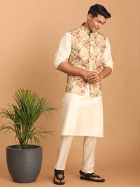 Thumbnail for Vastramay Men's Cream And Brown Silk Blend Jacket, Kurta And Pyjama Set - Distacart