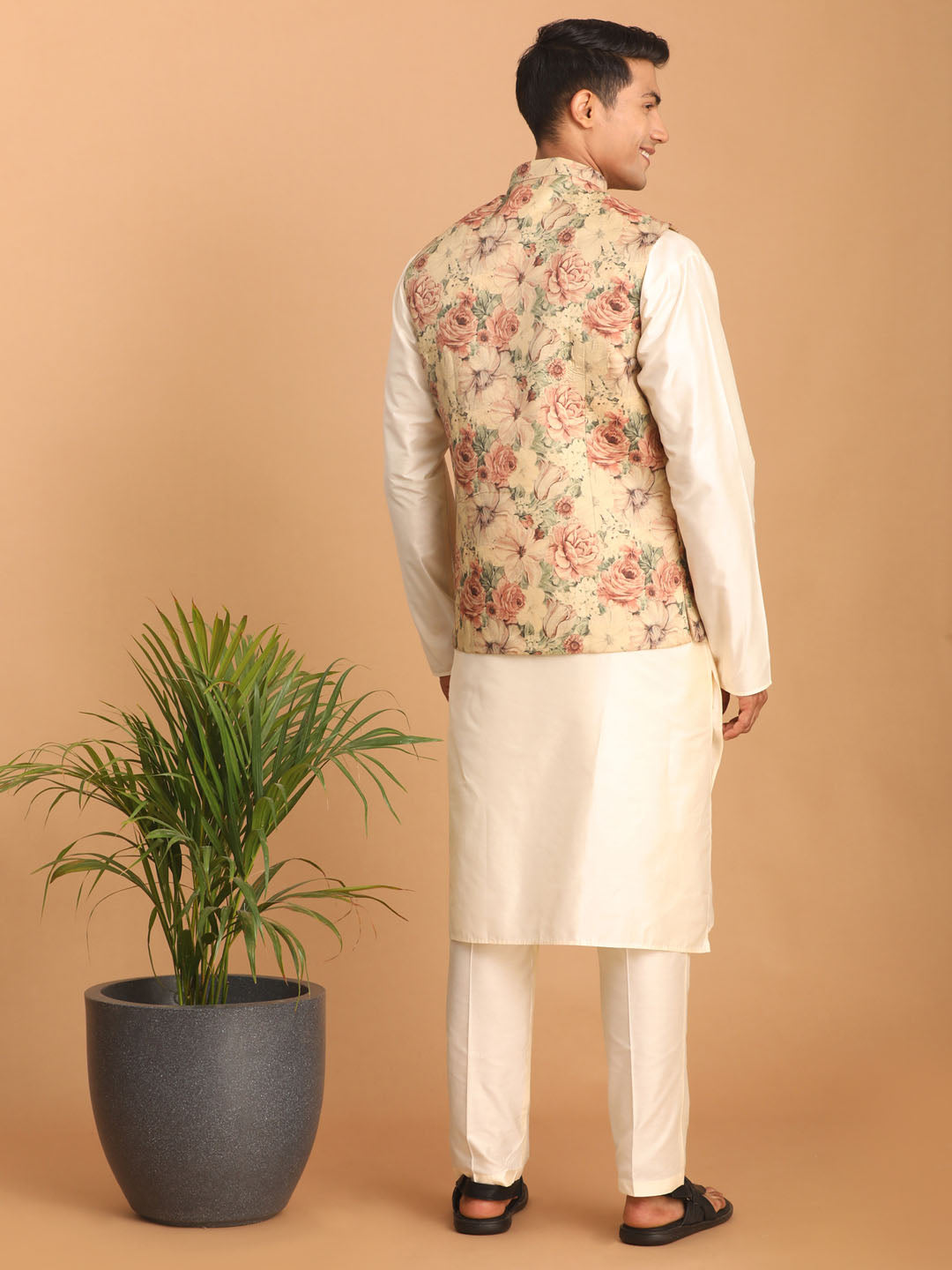Vastramay Men's Cream And Brown Silk Blend Jacket, Kurta And Pyjama Set - Distacart