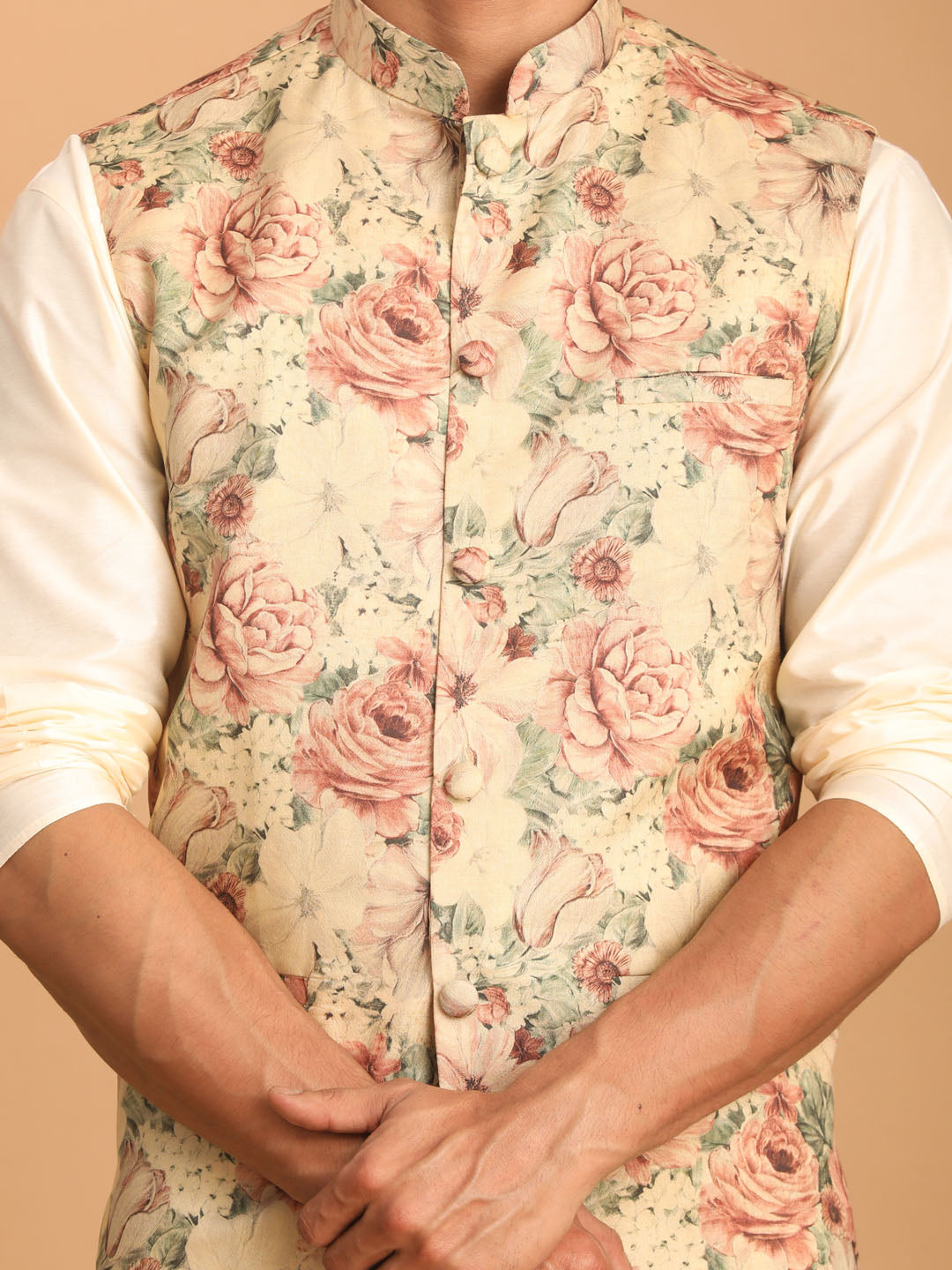 Vastramay Men's Cream And Brown Silk Blend Jacket, Kurta And Pyjama Set - Distacart
