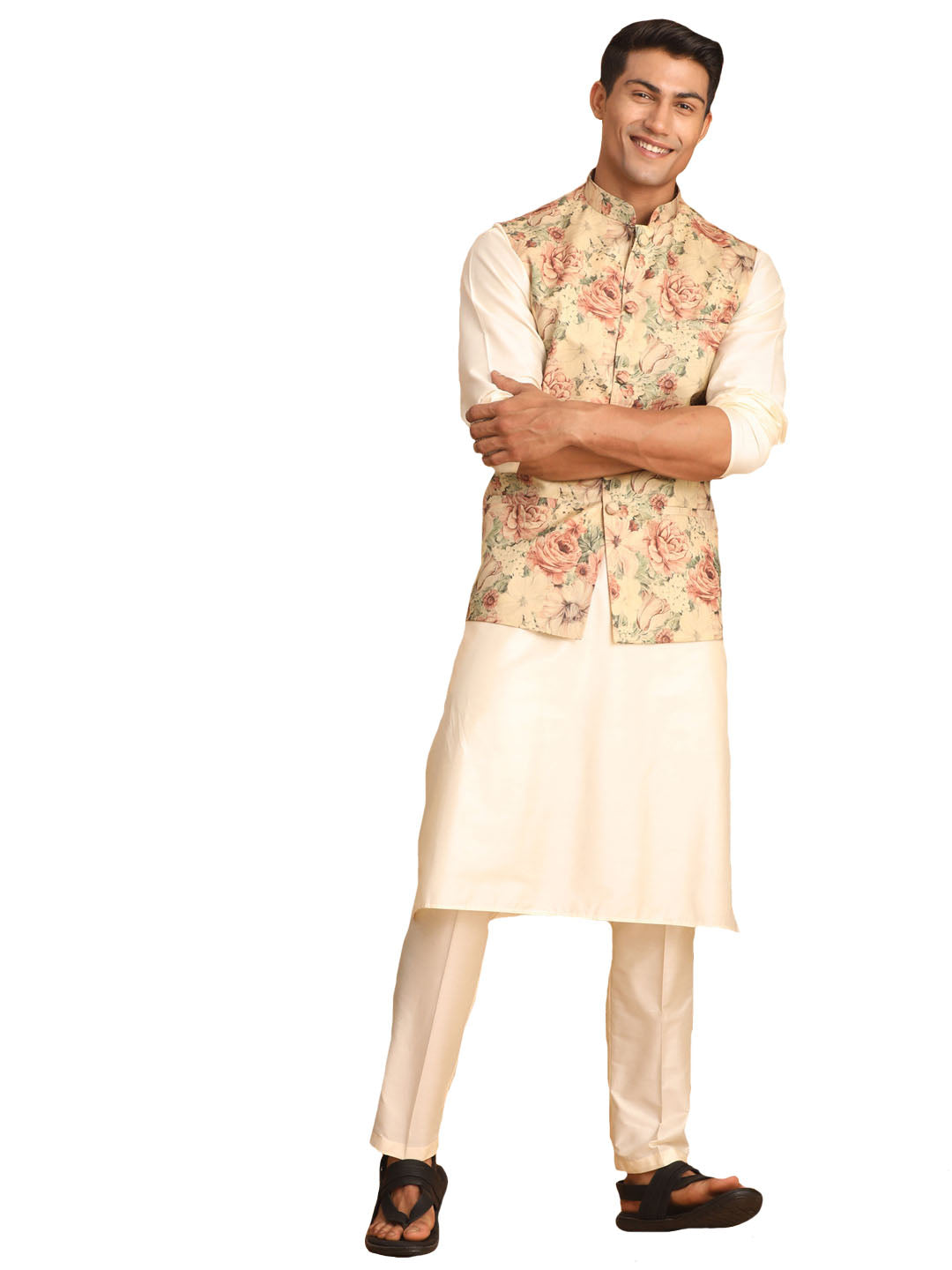 Vastramay Men's Cream And Brown Silk Blend Jacket, Kurta And Pyjama Set - Distacart