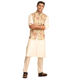 Thumbnail for Vastramay Men's Cream And Brown Silk Blend Jacket, Kurta And Pyjama Set - Distacart