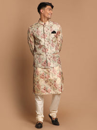 Thumbnail for Vastramay Men's Cream And Brown Silk Blend Jacket, Kurta And Pyjama Set - Distacart