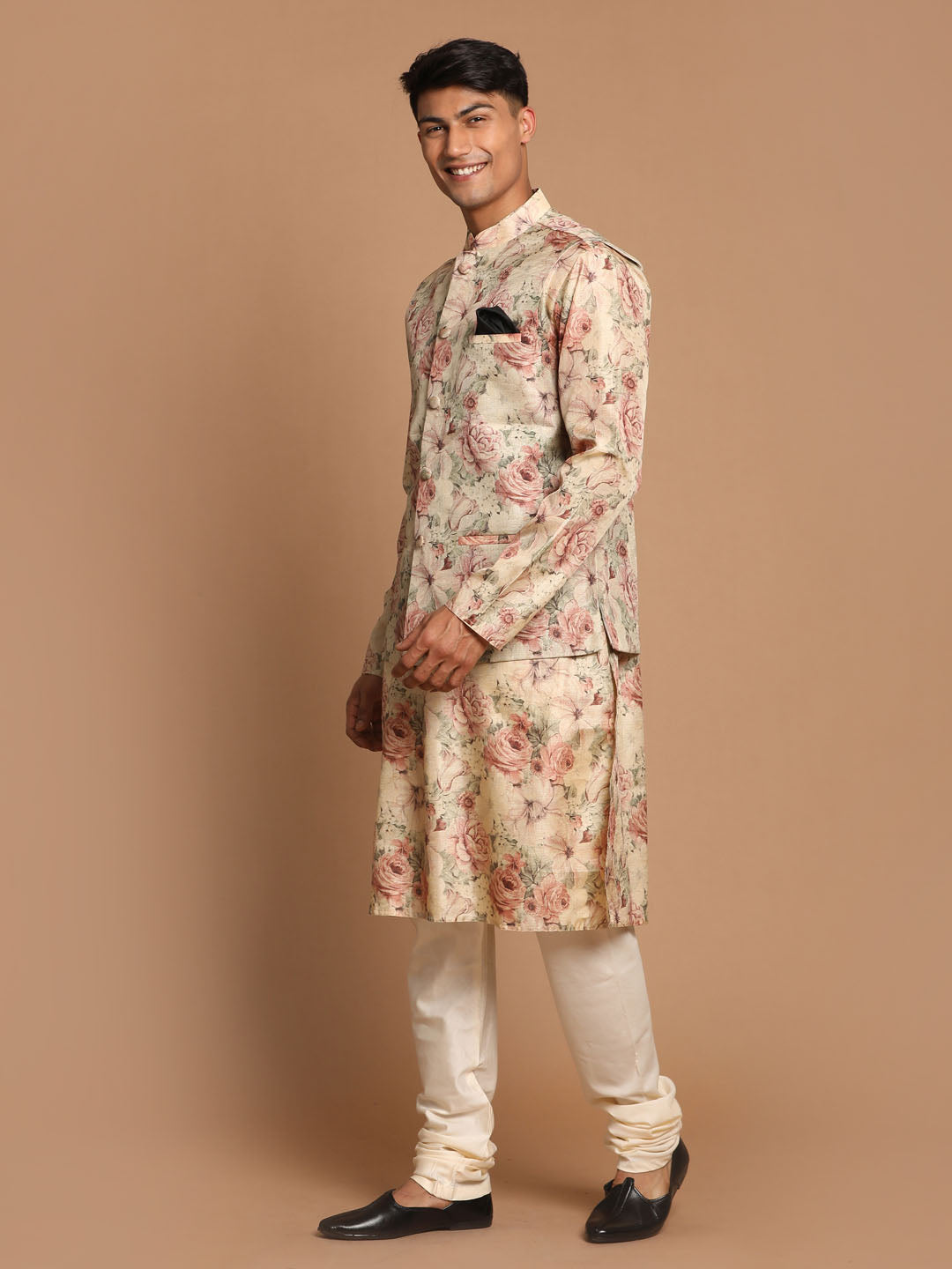 Vastramay Men's Cream And Brown Silk Blend Jacket, Kurta And Pyjama Set - Distacart
