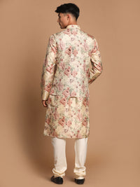 Thumbnail for Vastramay Men's Cream And Brown Silk Blend Jacket, Kurta And Pyjama Set - Distacart