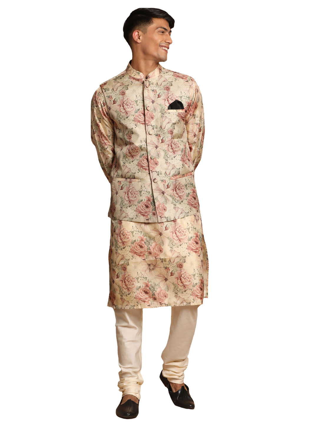 Vastramay Men's Cream And Brown Silk Blend Jacket, Kurta And Pyjama Set - Distacart