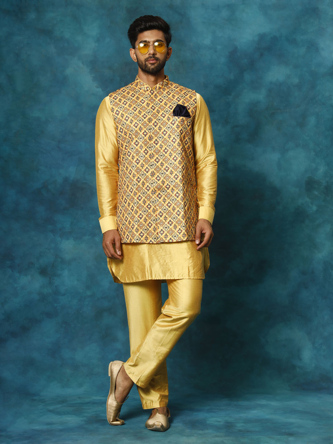 Vastramay Men's Mustard Yellow Viscose Jacket, Kurta And Pyjama Set - Distacart