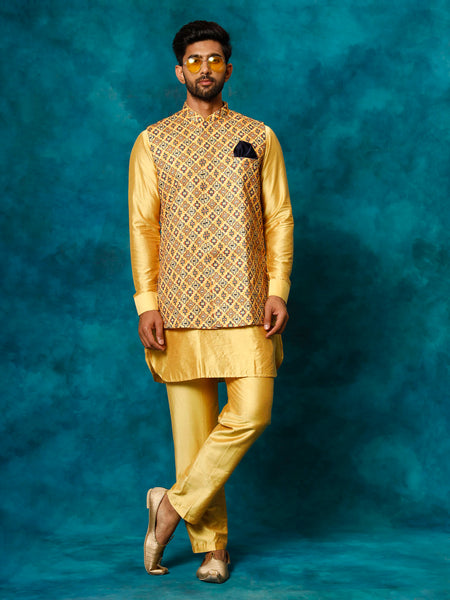 Vastramay Men's Mustard Yellow Viscose Jacket, Kurta And Pyjama Set - Distacart