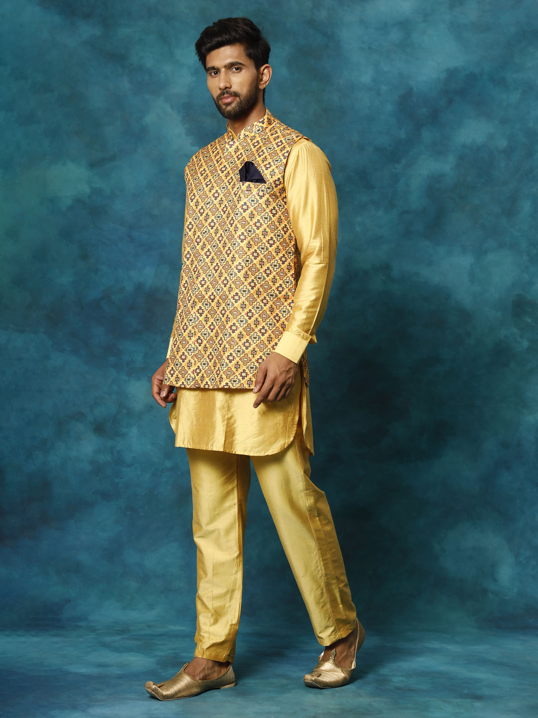 Vastramay Men's Mustard Yellow Viscose Jacket, Kurta And Pyjama Set - Distacart