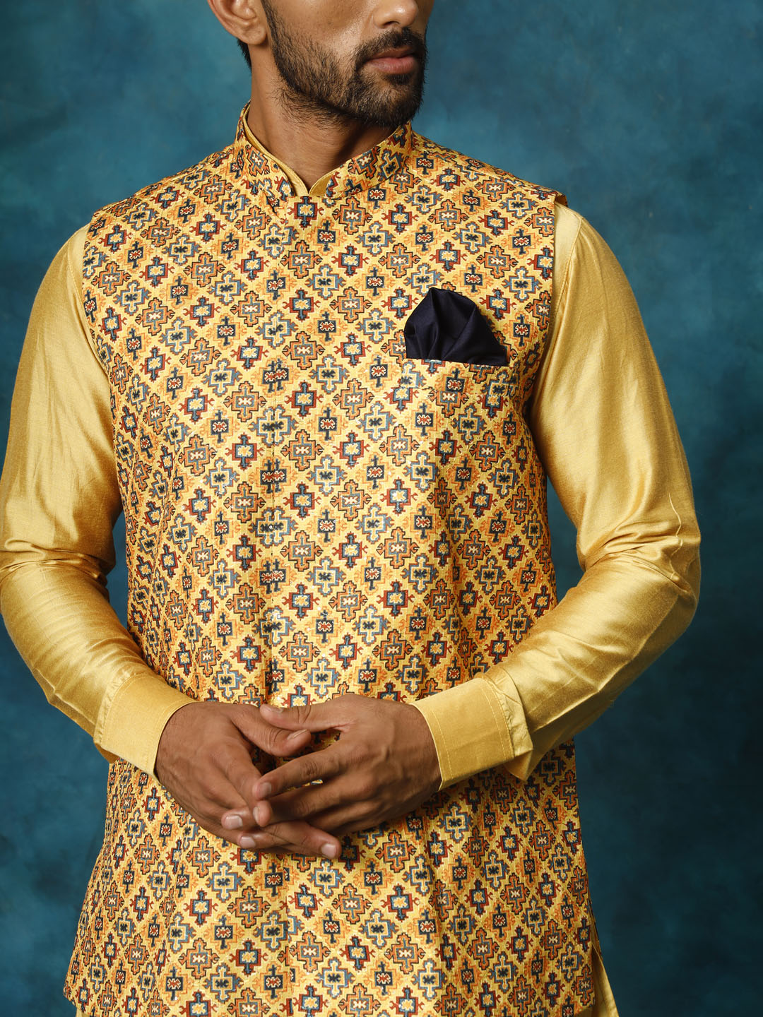 Vastramay Men's Mustard Yellow Viscose Jacket, Kurta And Pyjama Set - Distacart