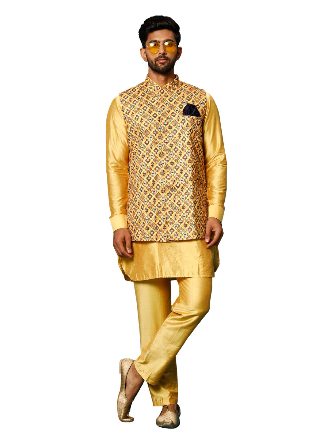 Vastramay Men's Mustard Yellow Viscose Jacket, Kurta And Pyjama Set - Distacart
