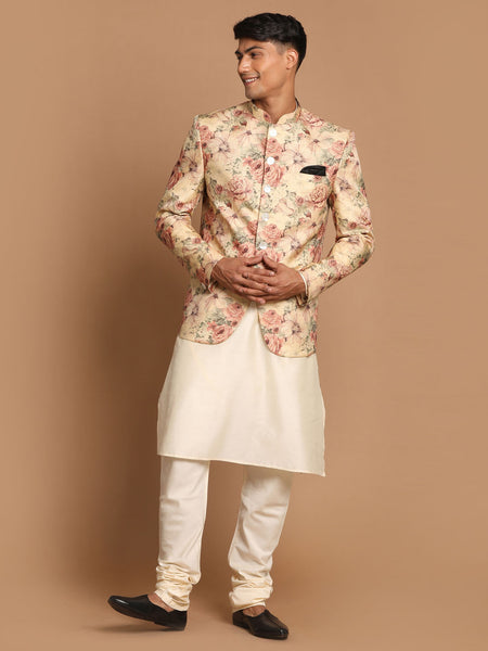 Vastramay Men's Cream And Brown Viscose Jacket, Kurta And Pyjama Set - Distacart