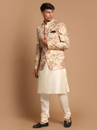Thumbnail for Vastramay Men's Cream And Brown Viscose Jacket, Kurta And Pyjama Set - Distacart