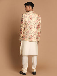 Thumbnail for Vastramay Men's Cream And Brown Viscose Jacket, Kurta And Pyjama Set - Distacart