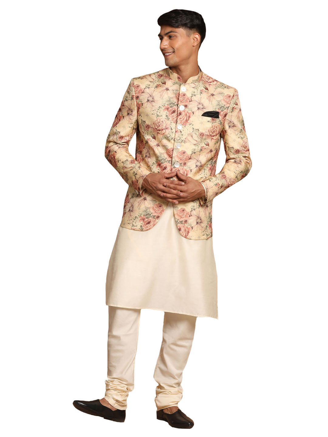 Vastramay Men's Cream And Brown Viscose Jacket, Kurta And Pyjama Set - Distacart