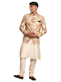 Thumbnail for Vastramay Men's Cream And Brown Viscose Jacket, Kurta And Pyjama Set - Distacart