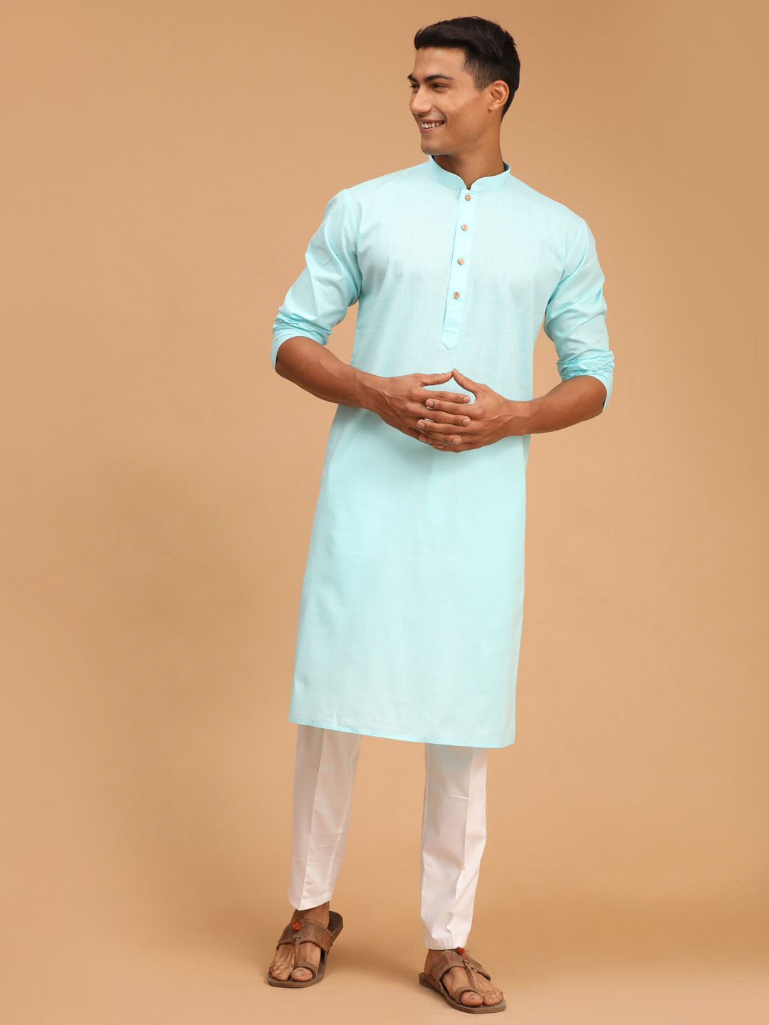 Vastramay Men's Aqua And White Cotton Blend Kurta Pyjama Set - Distacart