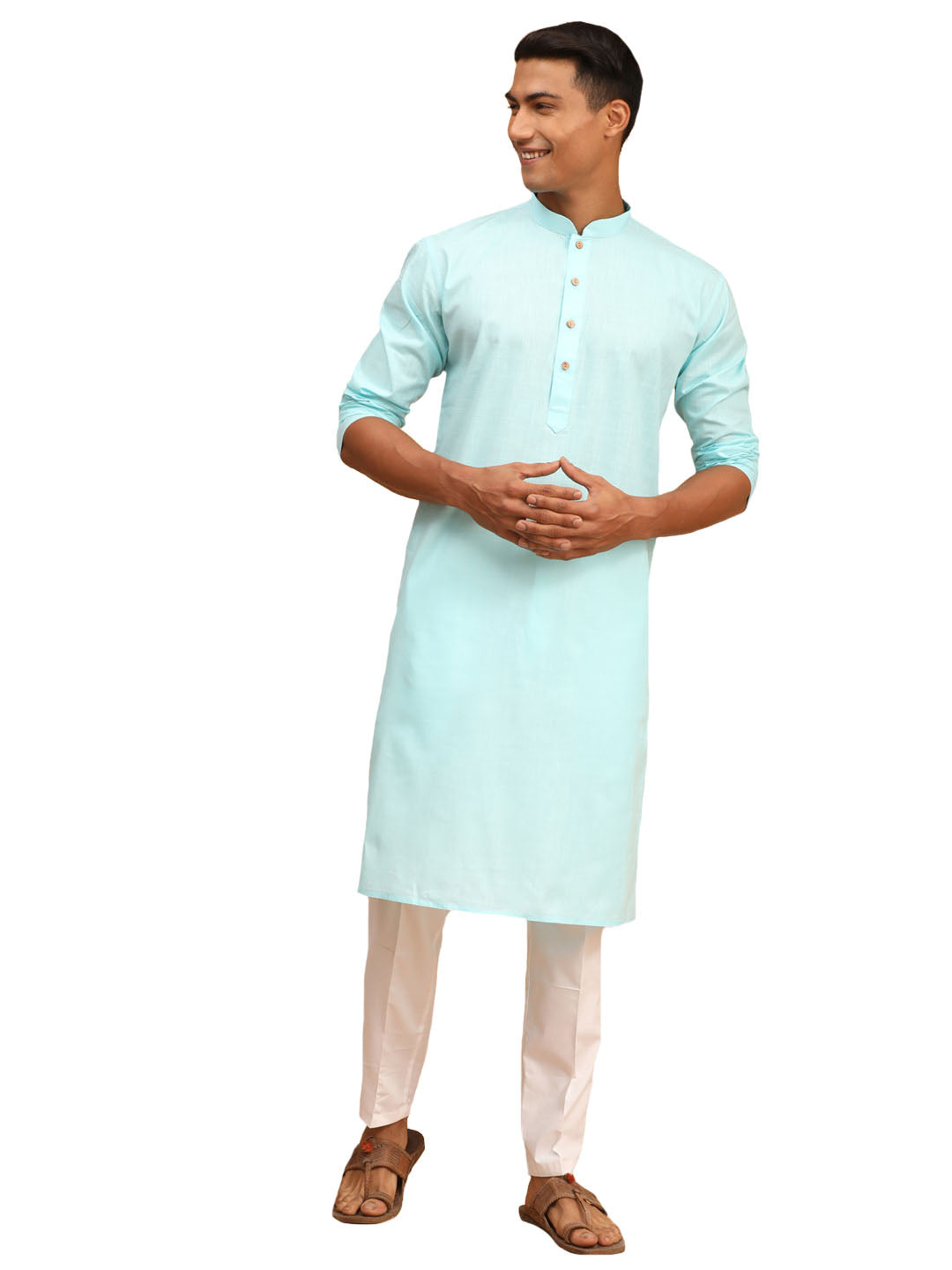 Vastramay Men's Aqua And White Cotton Blend Kurta Pyjama Set - Distacart