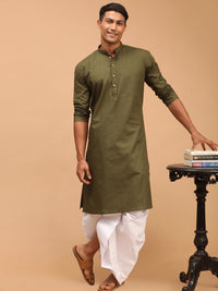 Thumbnail for Vastramay Men's Mehandi Green And White Cotton Blend Kurta And Dhoti Set - Distacart