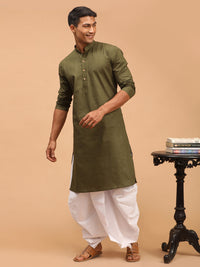 Thumbnail for Vastramay Men's Mehandi Green And White Cotton Blend Kurta And Dhoti Set - Distacart