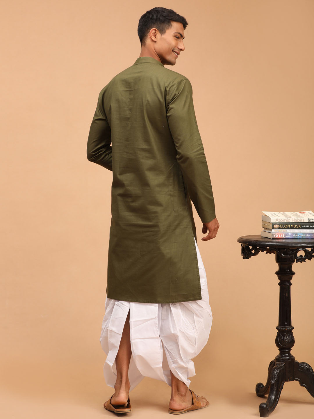 Vastramay Men's Mehandi Green And White Cotton Blend Kurta And Dhoti Set - Distacart