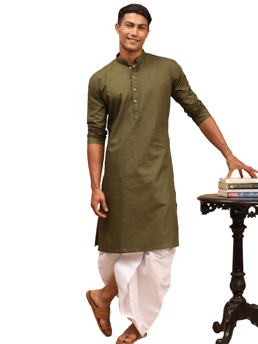 Vastramay Men's Mehandi Green And White Cotton Blend Kurta And Dhoti Set - Distacart