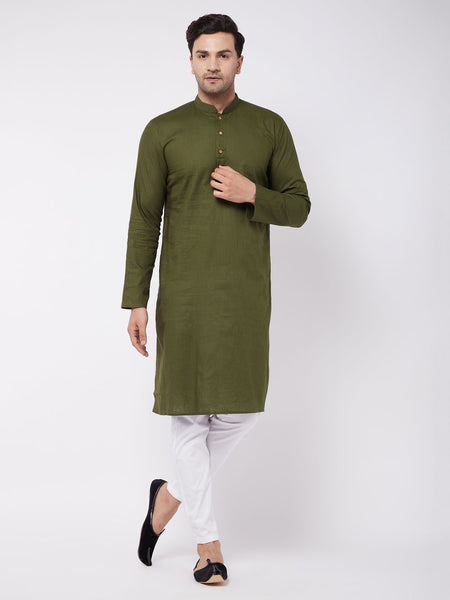 Vastramay Men's Green And White Cotton Blend Kurta Pyjama Set - Distacart