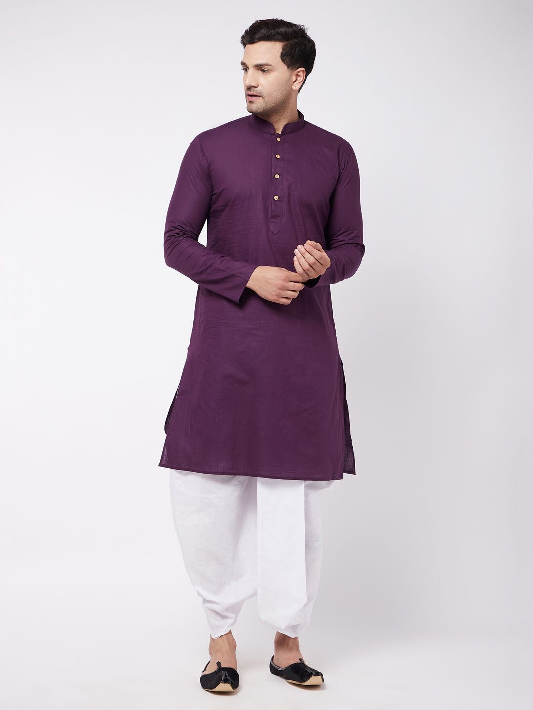 Vastramay Men's Purple and White Cotton Blend Kurta And Dhoti Set - Distacart