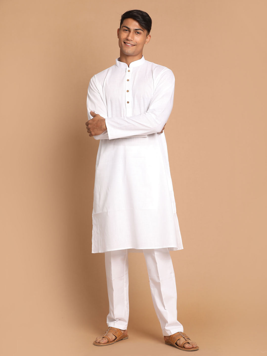 Vastramay Men's White Cotton Blend Kurta Pyjama Set - Distacart