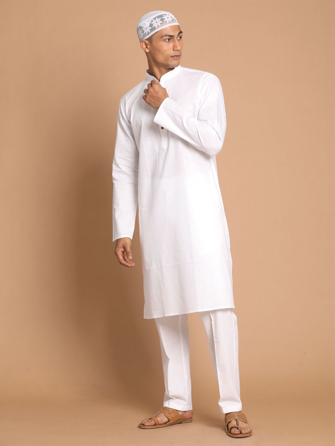 Vastramay Men's White Cotton Blend Kurta Pyjama Set - Distacart