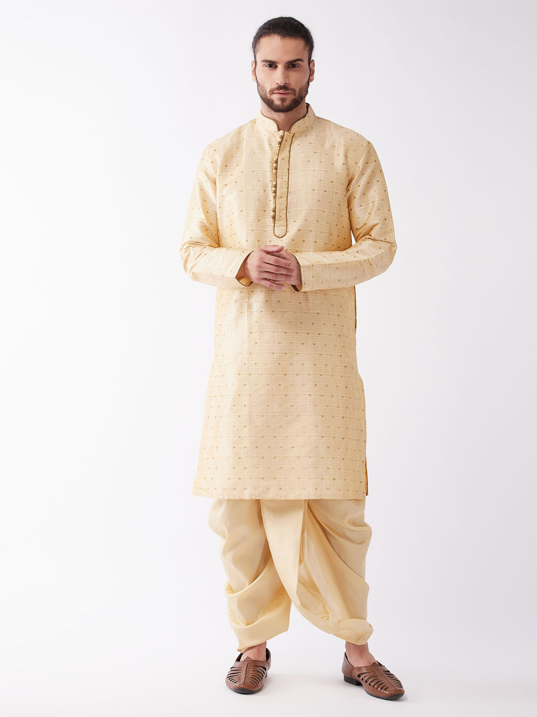 Vastramay Men's Beige And Gold Silk Blend Kurta And Dhoti Set - Distacart