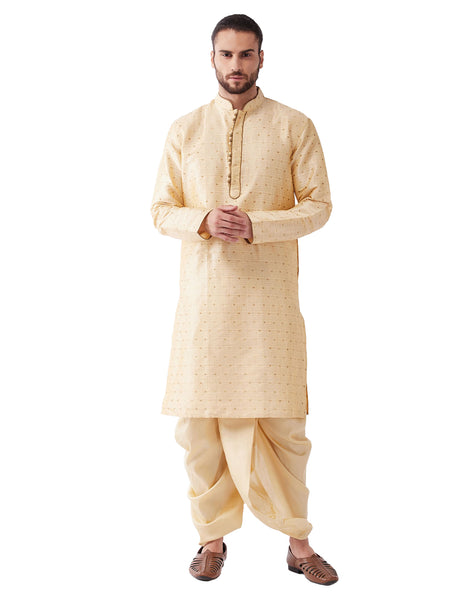 Vastramay Men's Beige And Gold Silk Blend Kurta And Dhoti Set - Distacart