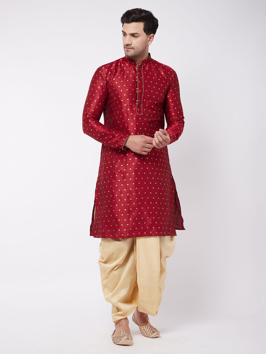 Vastramay Men's Maroon And Gold Silk Blend Kurta And Dhoti Set - Distacart