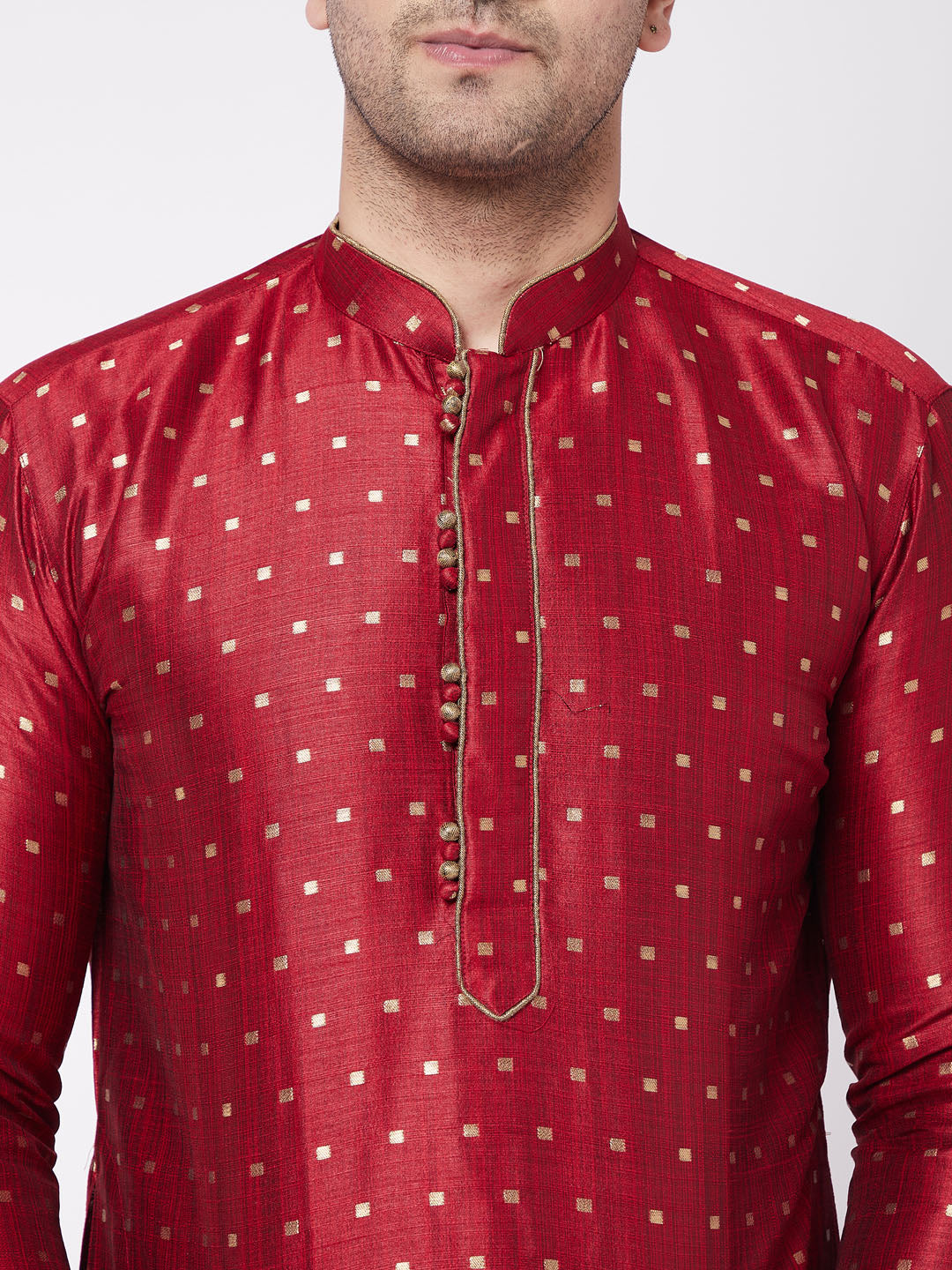 Vastramay Men's Maroon And Gold Silk Blend Kurta And Dhoti Set - Distacart