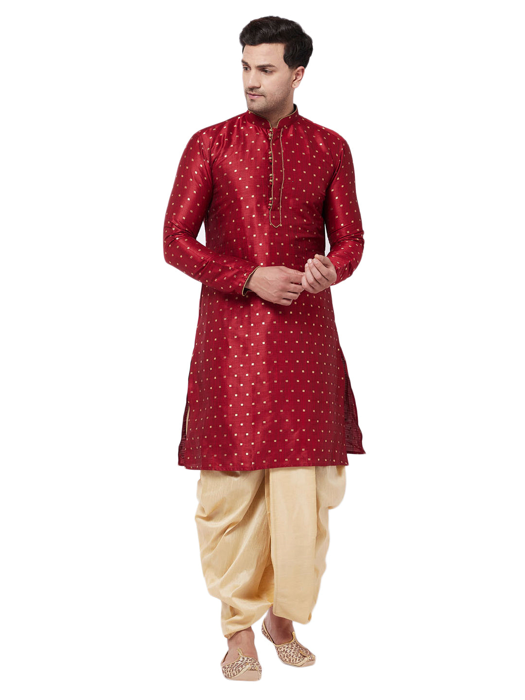 Vastramay Men's Maroon And Gold Silk Blend Kurta And Dhoti Set - Distacart
