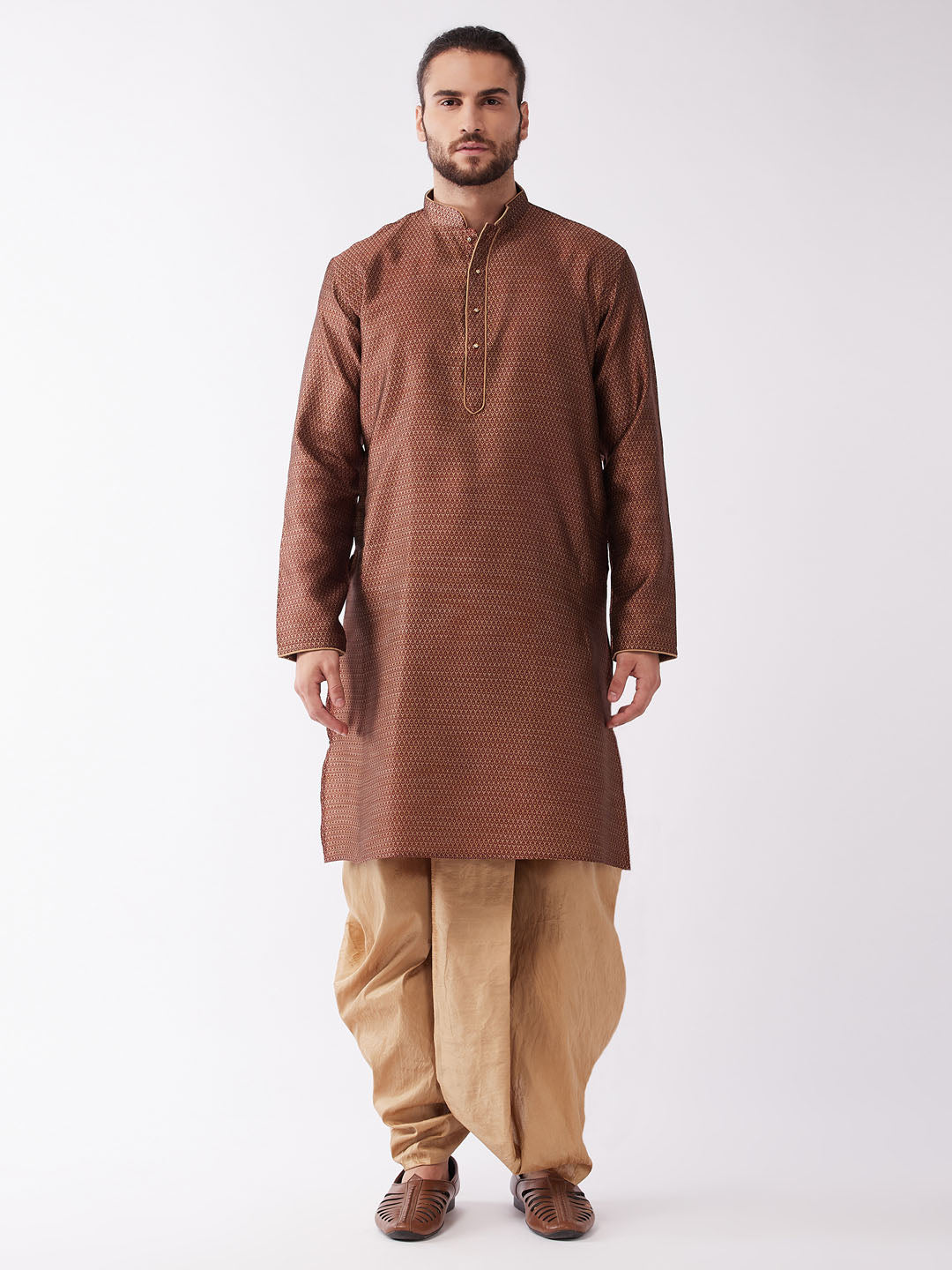 Vastramay Men's Maroon And Rose Gold Silk Blend Kurta And Dhoti Set - Distacart
