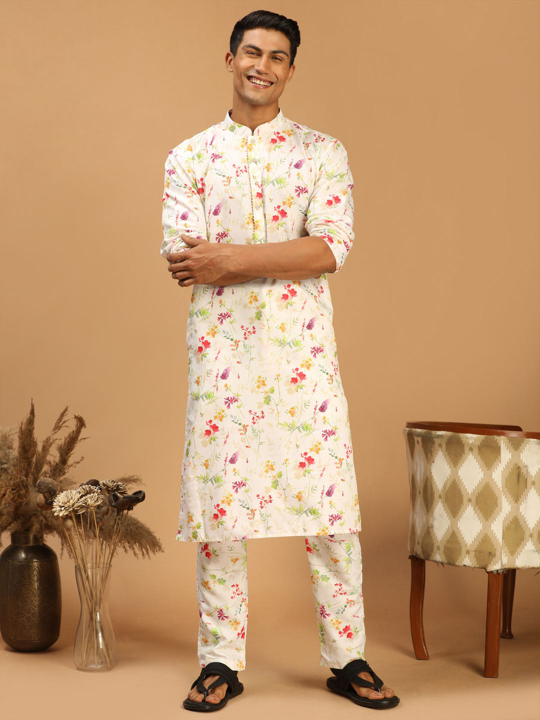 Vastramay Men's Cream Cotton Blend Kurta Pyjama Set - Distacart