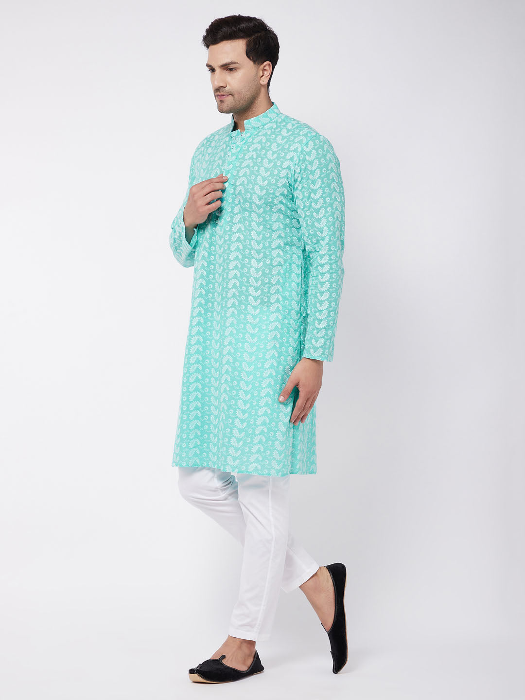 Vastramay Men's Green And White Pure Cotton Kurta Pyjama Set - Distacart