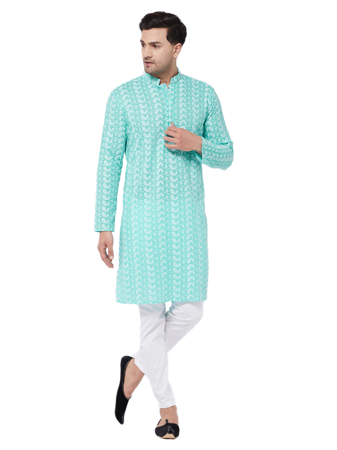 Vastramay Men's Green And White Pure Cotton Kurta Pyjama Set - Distacart