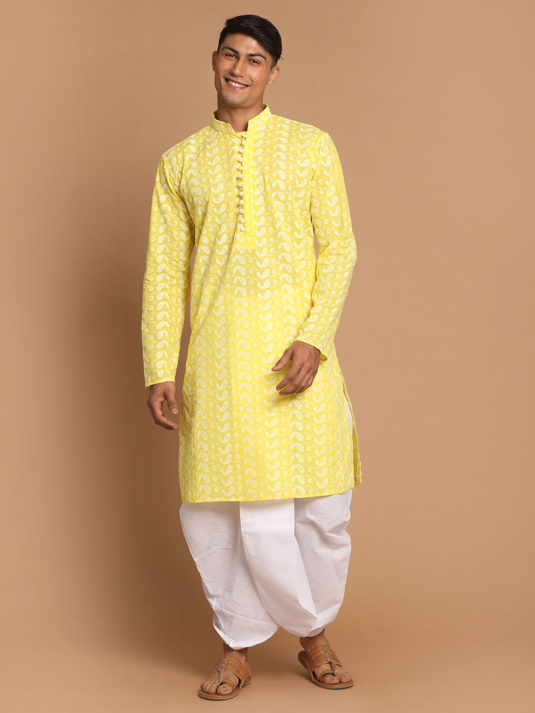 Vastramay Men's Mustard Pure Cotton Kurta And Dhoti Set - Distacart