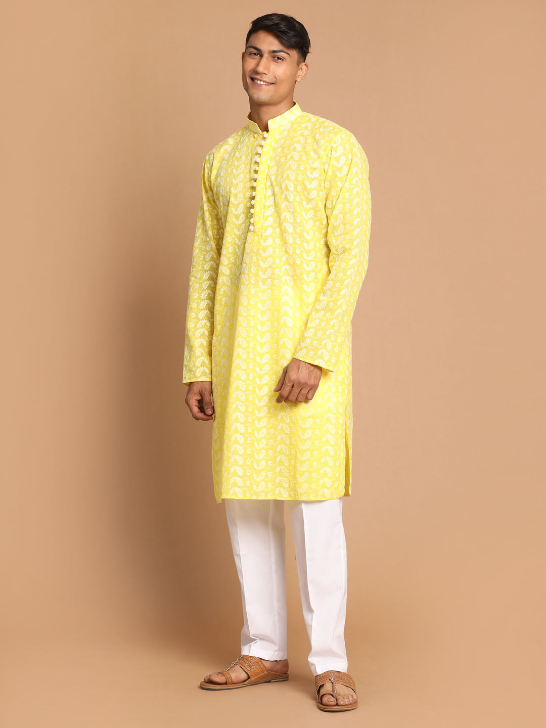 Vastramay Men's Mustard And White Pure Cotton Kurta Pyjama Set - Distacart