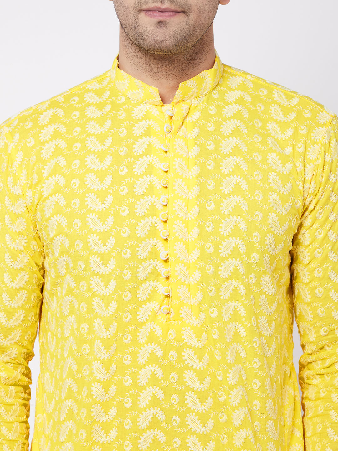 Vastramay Men's Mustard And White Pure Cotton Kurta Pyjama Set - Distacart