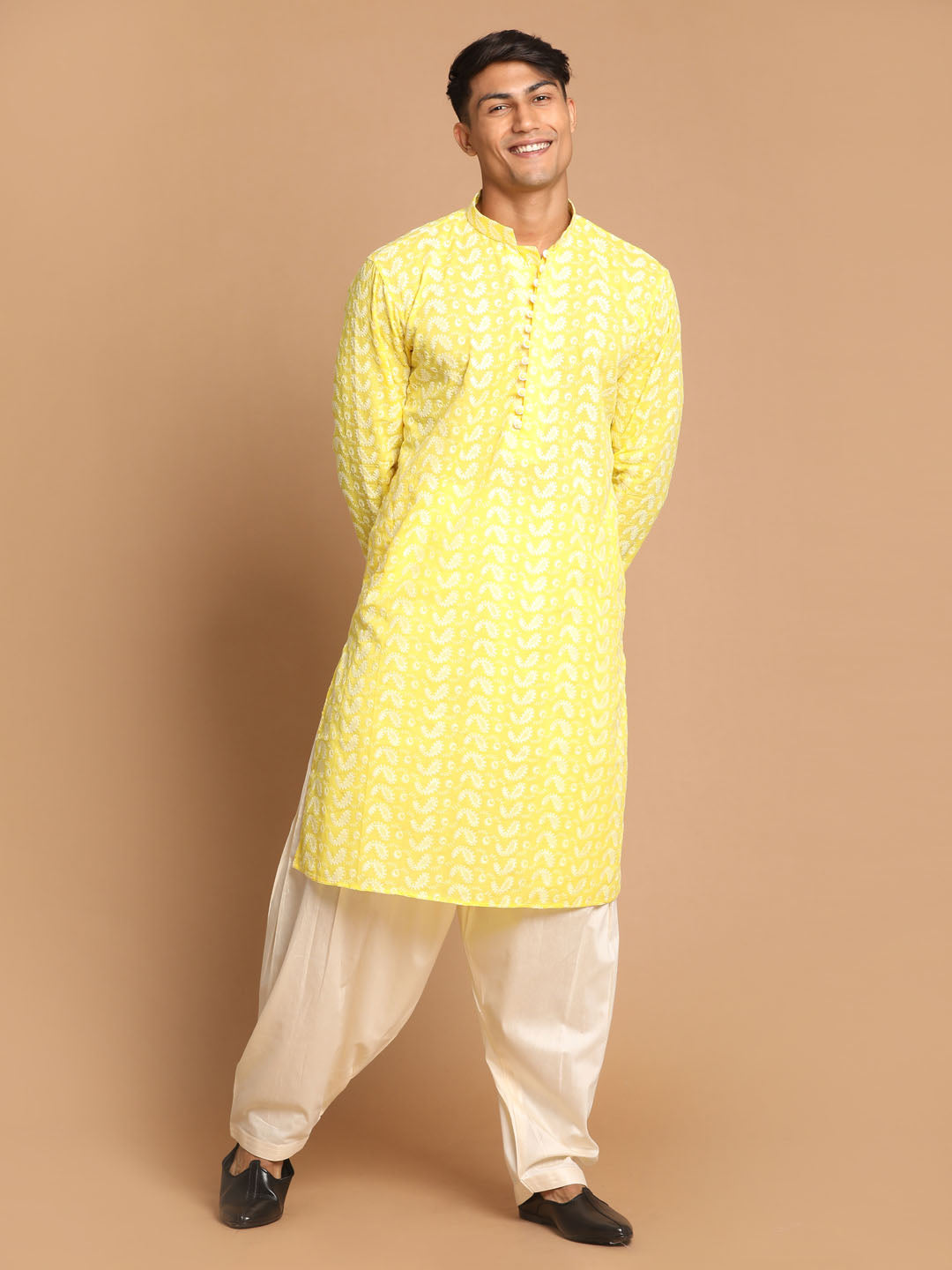 Vastramay Men's Mustard And Cream Pure Cotton Kurta And Patiala Set - Distacart
