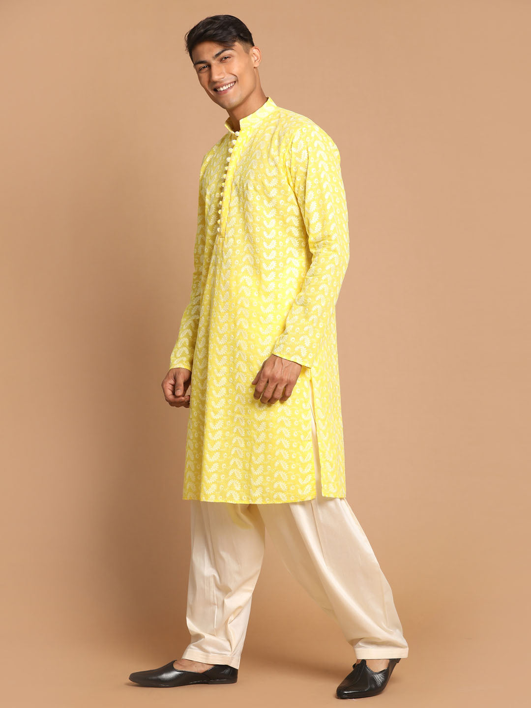 Vastramay Men's Mustard And Cream Pure Cotton Kurta And Patiala Set - Distacart