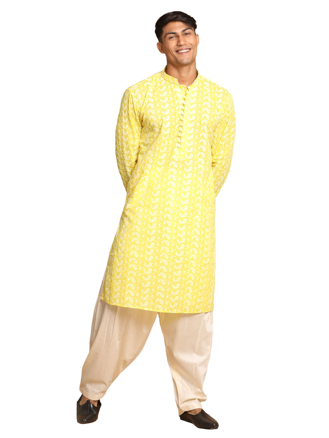 Vastramay Men's Mustard And Cream Pure Cotton Kurta And Patiala Set - Distacart