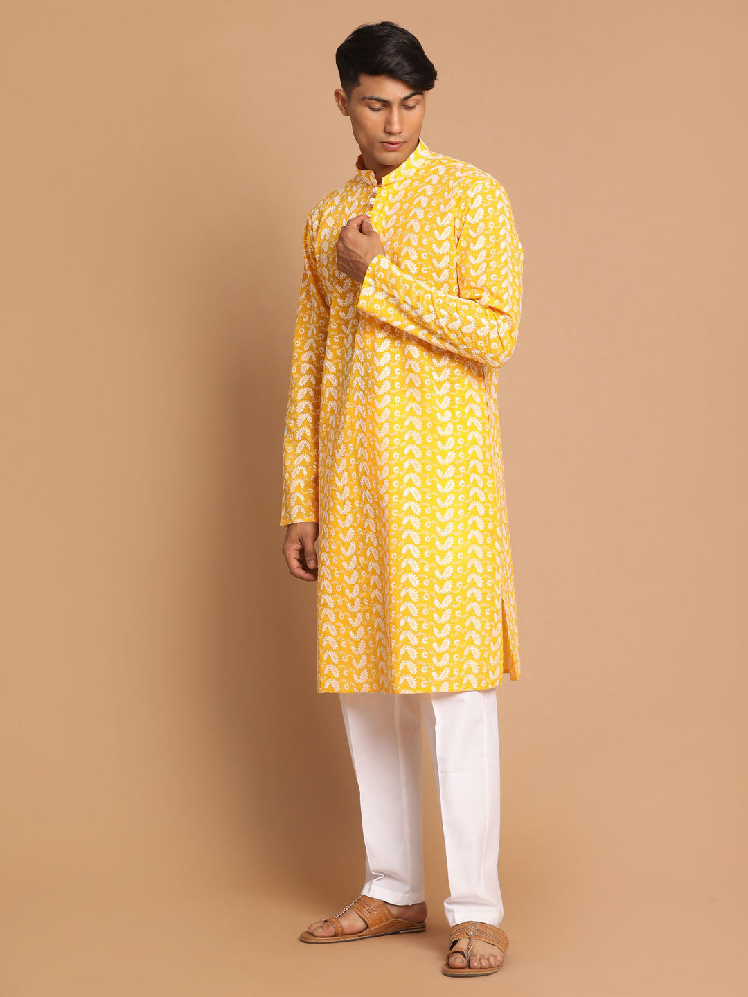 Vastramay Men's Orange And White Pure Cotton Kurta Pyjama Set - Distacart