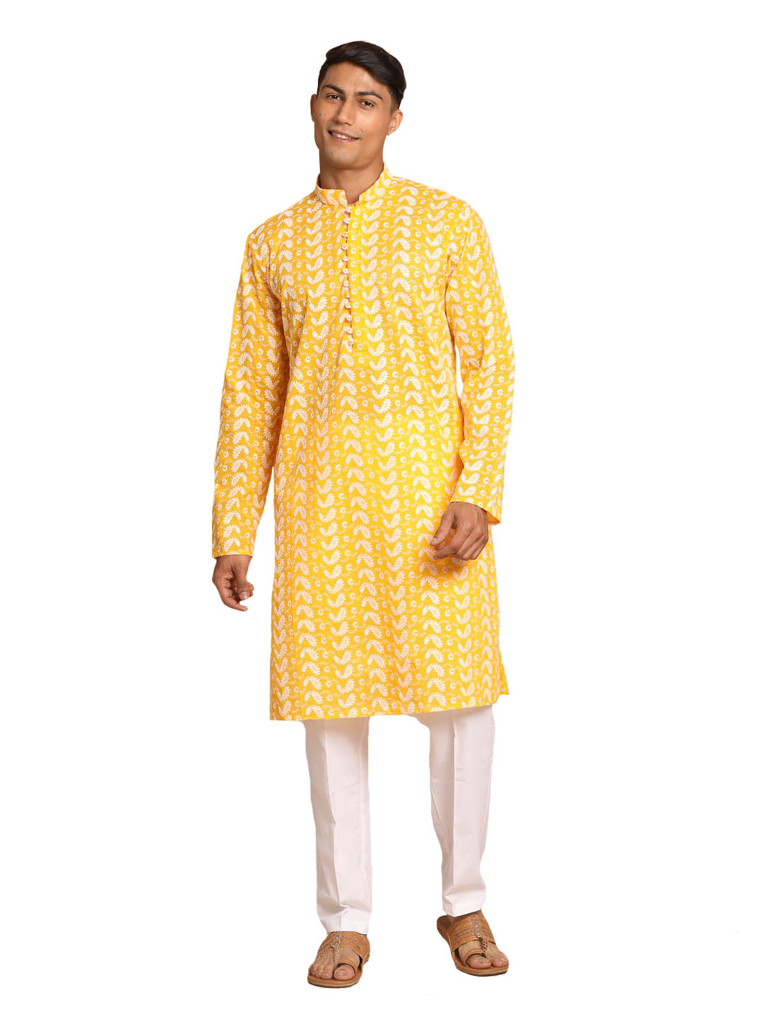 Vastramay Men's Orange And White Pure Cotton Kurta Pyjama Set - Distacart