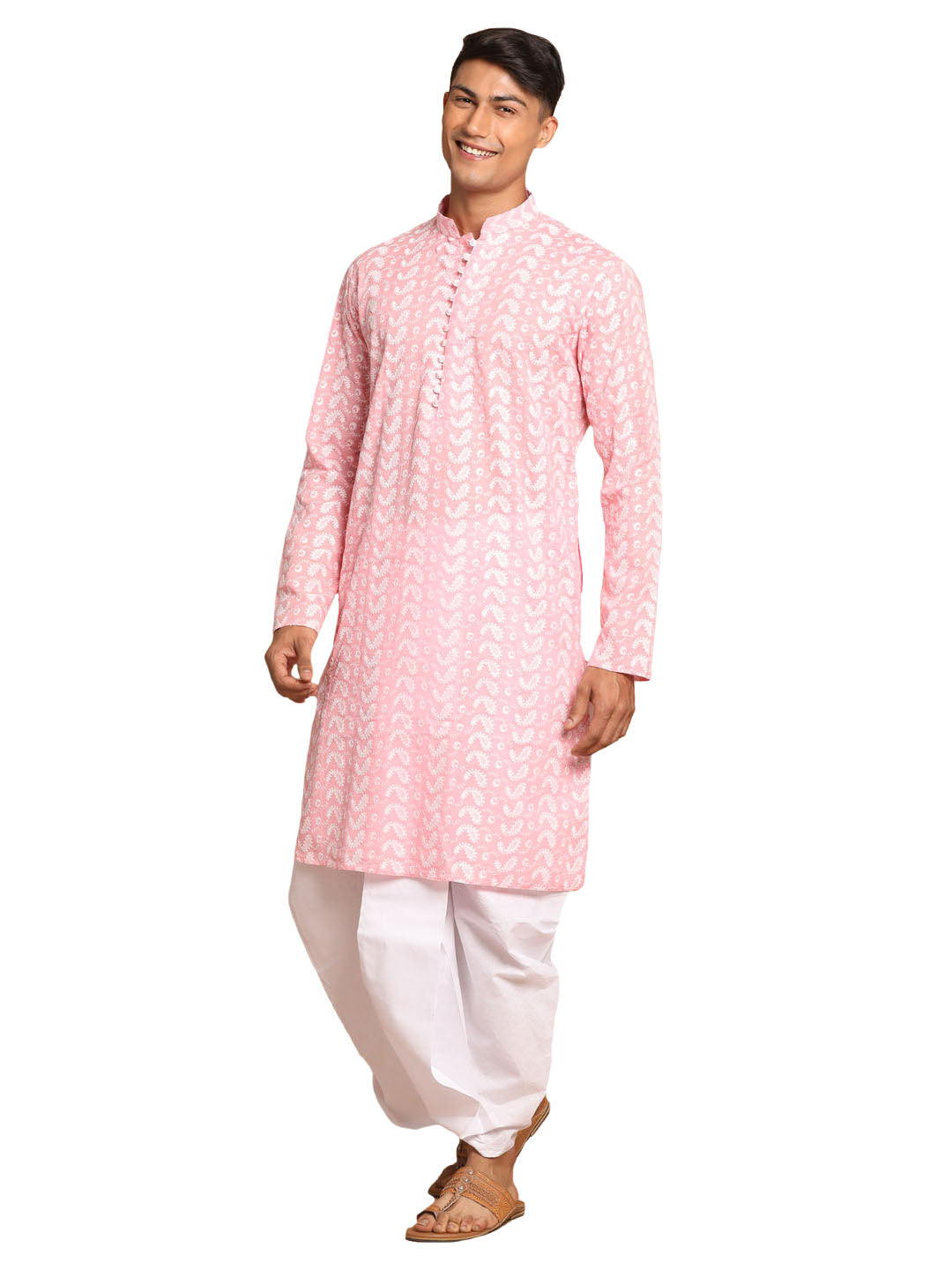 Vastramay Men's Pink Pure Cotton Kurta And Dhoti Set - Distacart