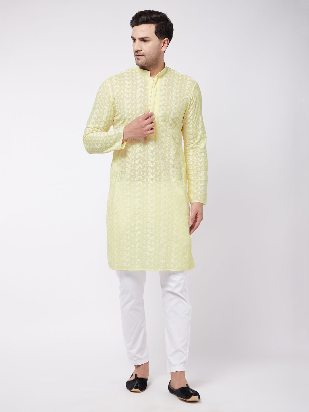 Vastramay Men's Yellow And White Pure Cotton Kurta Pyjama Set - Distacart