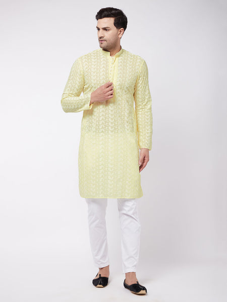 Vastramay Men's Yellow And White Pure Cotton Kurta Pyjama Set - Distacart
