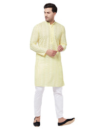 Thumbnail for Vastramay Men's Yellow And White Pure Cotton Kurta Pyjama Set - Distacart